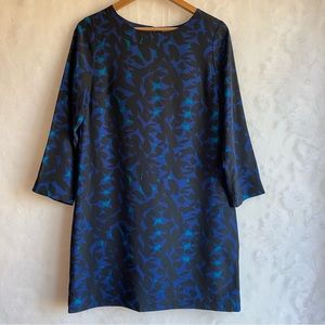 J Crew 3/4 Sleeve Printed Gallery Shift Dress Blue Black Leaf Floral Women’s 6